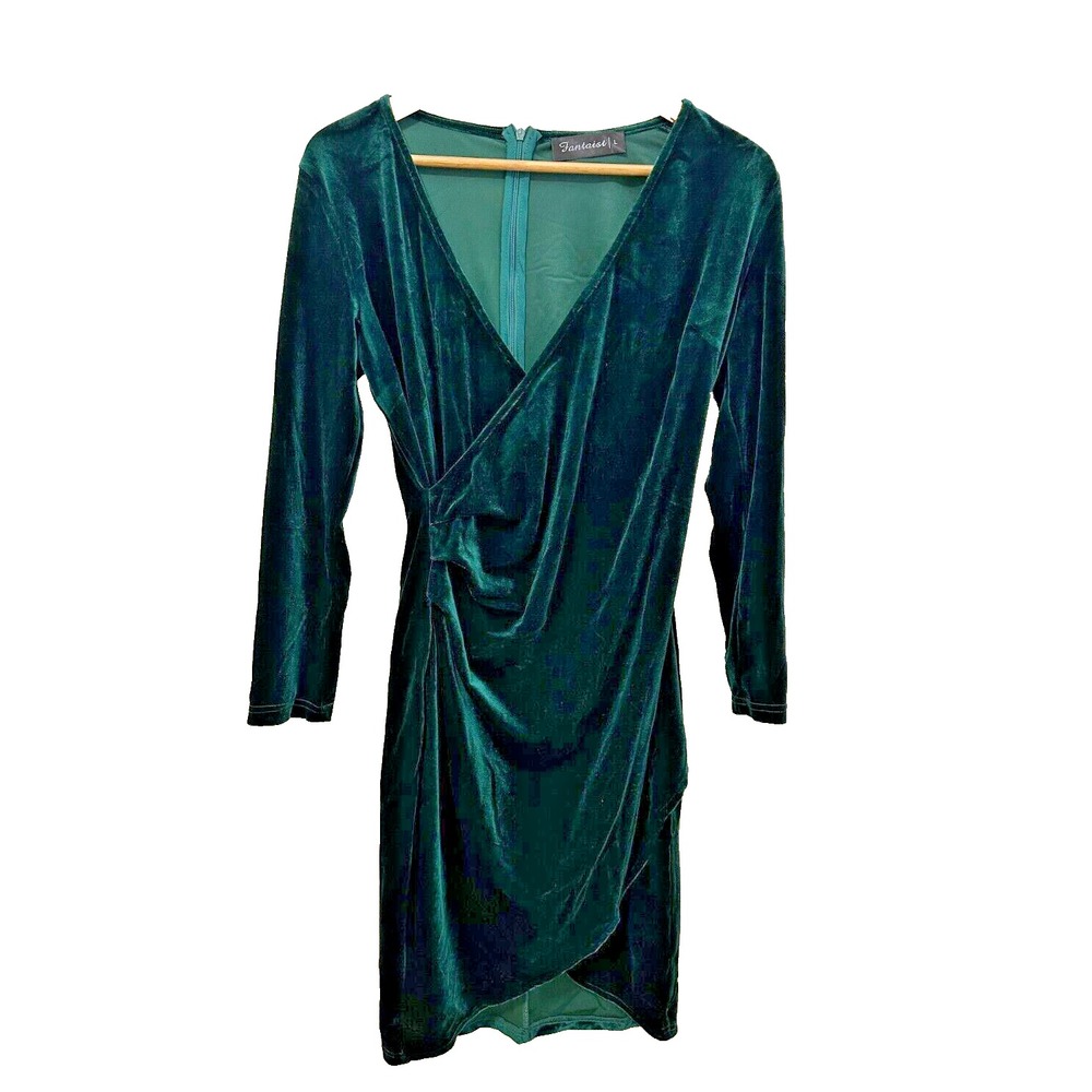Womans Velvet Green Mini Dress Size L Whimsigoth Bodycon Y2K Forest Fairy v neck